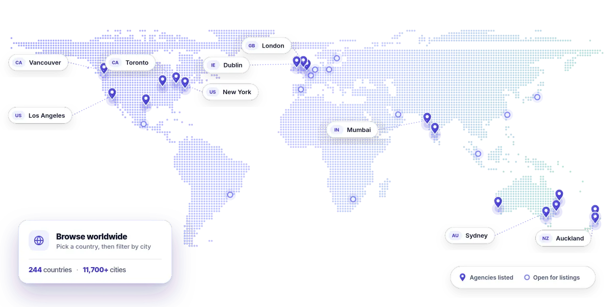 World map of findseo coverage, with pins on cities that have SEO agencies listed, including London, New York, Toronto, Sydney and Auckland